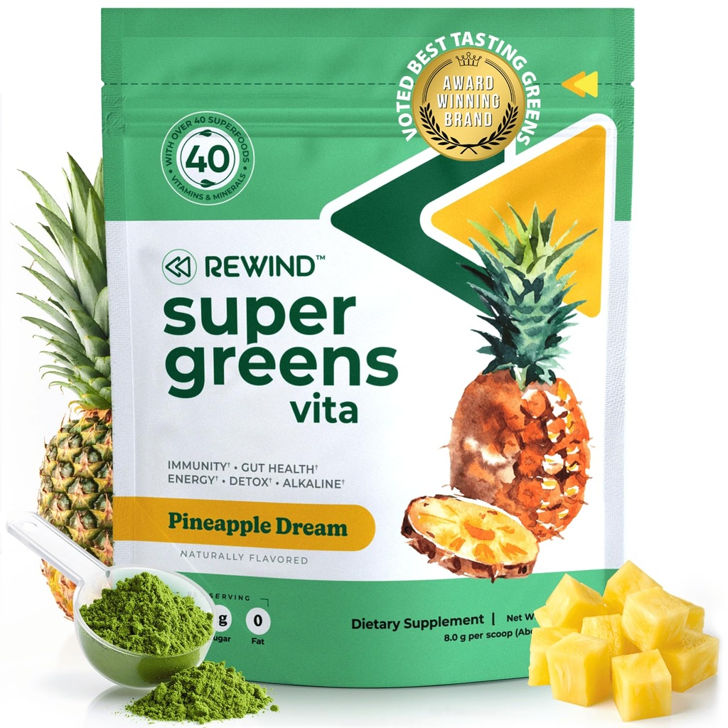 Best Tasting Super Greens Powder with 40 + Superfood - Delicious Daily Green Powder with Vitamin B12, Zinc, Vitamin C, Magnesium & Kalsium - Green Juice Superfood Mix - Pineapple Flavor