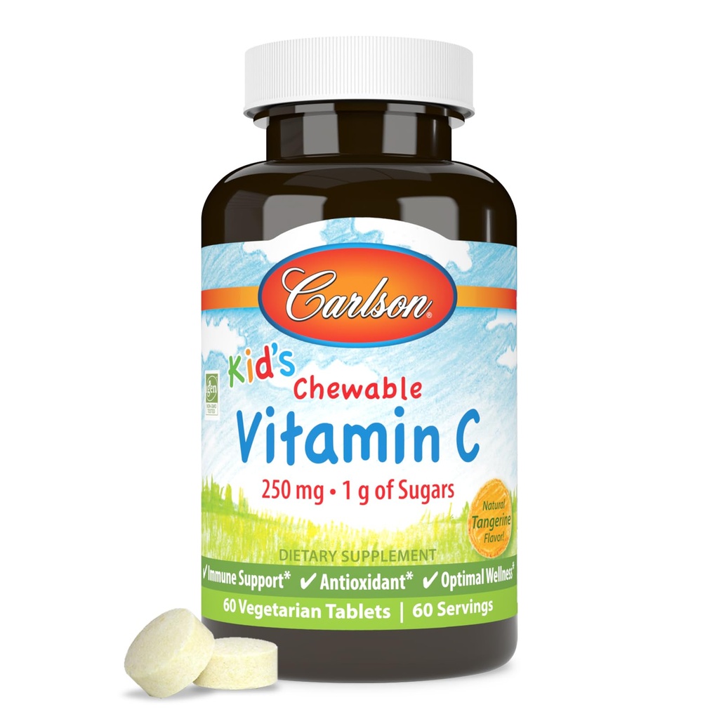 Carlson - Kid 's Chewable Vitamin C, 250 mg, 1 g dari Sugars, Imune Dukungan & Optimal Wellness, Antioksidant, Tangerine, 60 tablet Vegetarian