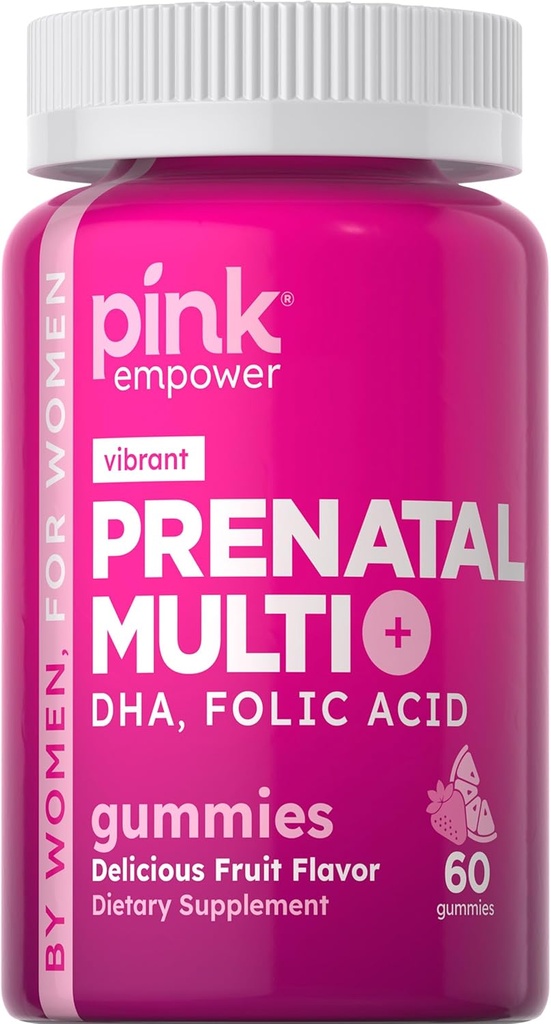 PINK Prenatal Vitamin 124; 60 Mimic with DHA and Folic Acid 124; None-GMO & Gluten Free Multivitamin 124; Fruit Flavor