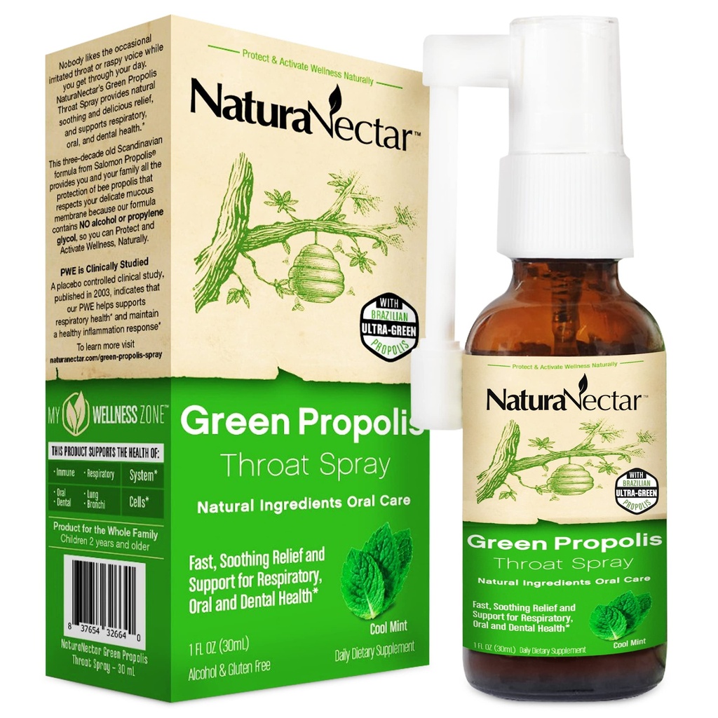 NatuaNectar - Green Propolis Throat Spray - Unique, Sooting Throat Care Relief with Brazilian Bee Propolis - Natural and Non-Movenlic Throat Care Formula dari Sustainable Beekeeping (1-Pack, 30mL)
