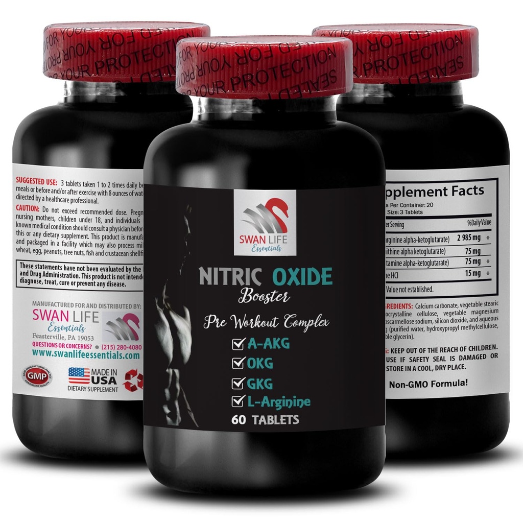 A- AKG, Nitric Oxide - Nitric Oxide Booster - Exercise Suplement, Power Boost, Power Enhancer, Endurance Mix, Stamina Increase, Performance Booster, Recovery Formula, Muscle Focus 1 Botol 60 Tab