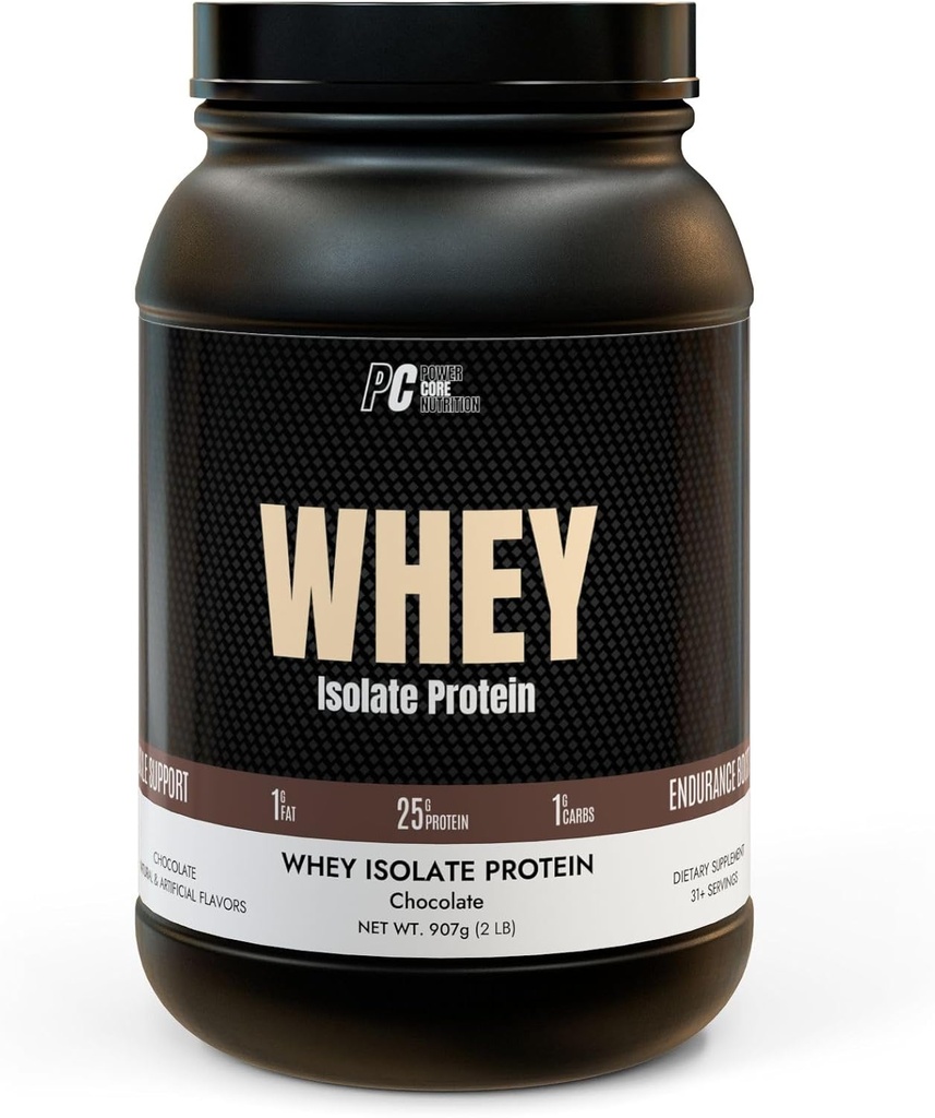 PowerCore Nutrition Whey Isolated Protein - Low Carb, Low Fat, Easily Mixes - 25g Protein per Serving - Chocolate Flavor, Non-GMO, Muscle Recovery & Lean Gains Supplemen (2 lb)
