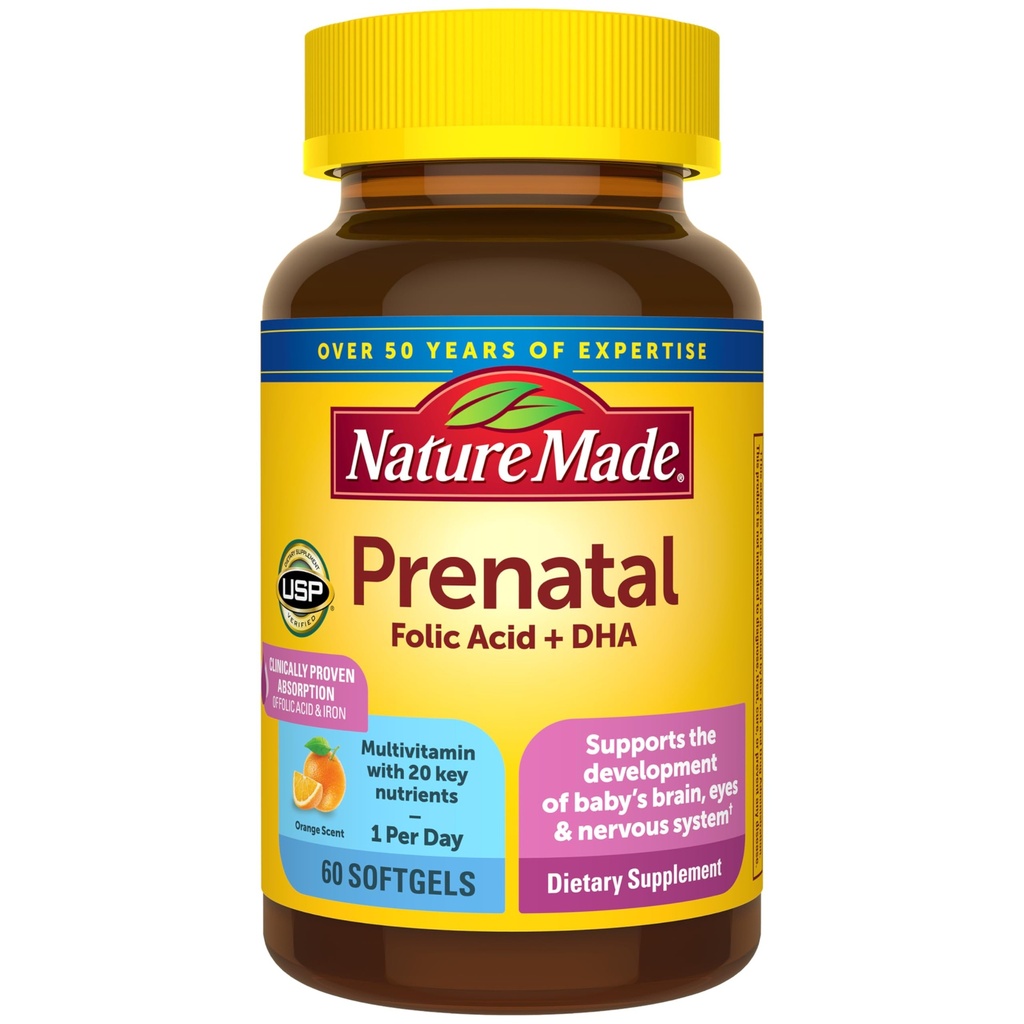 Nature Made Prenatal with Folic Acid + DHA, Prenatal Vitamin and Mineral Supplement for Daily Nutritial Dupport, 60 Softgeels, 60 Day Supply