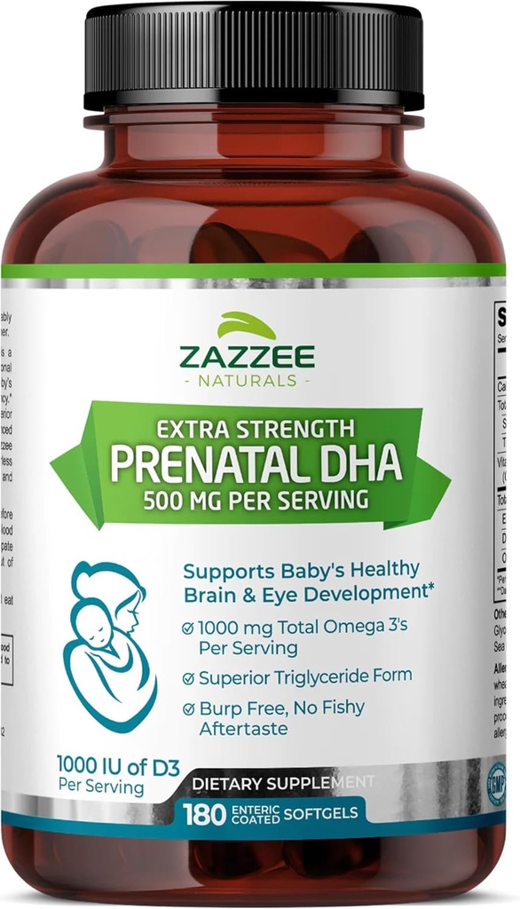 Zazzee Extra Power Prenatal DHA 500 mg, 180 Ensiic Coated Softgels, 1000 mg Omega 3, 1000 UI Vitamin D3, Burp Free, No Fishy Aftertaste, Superior Triglyceride Form, Purified Deep Sea Oil