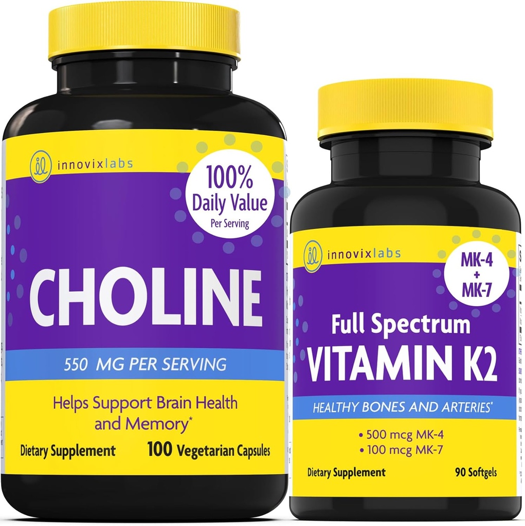 Choline & Vitamin K2 Bundle Bolartch 550mg (100 Capsules) Full Spectrum Vitamin K2 (90 Softgels). Mendukung Memori, Mood, Kesehatan Otak & Kognitif Boost. *