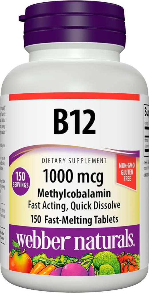 Webber Vitamin B12 1000 mcg, 150 Count, Fast Dissolve Tablet, Vitamin Suplemen untuk Energi Metabolisme, Imune dan Heart Health, Vegetarian Formula, 150 Hari Supppply