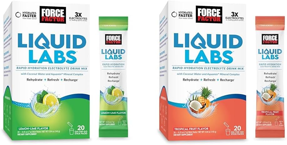 Bundle of FORCE FacTOR Cair Labs Electrolytes Powder, Hidration Packsucks to Make Electrolite Water with Vitamin, Mineral, and Antioksidants. Lime Flavor + Tropical Fruit Flavor, 40 Stick Packs