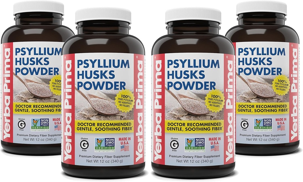 Yerba Prima Psyllium Husks Powder - 12 oz (Paket Tambahan Serba Alami - Colon Cleanse - Gut Health - Vegan, Non-GMO, Gluten- Free (New Label - Packaging May Wary)