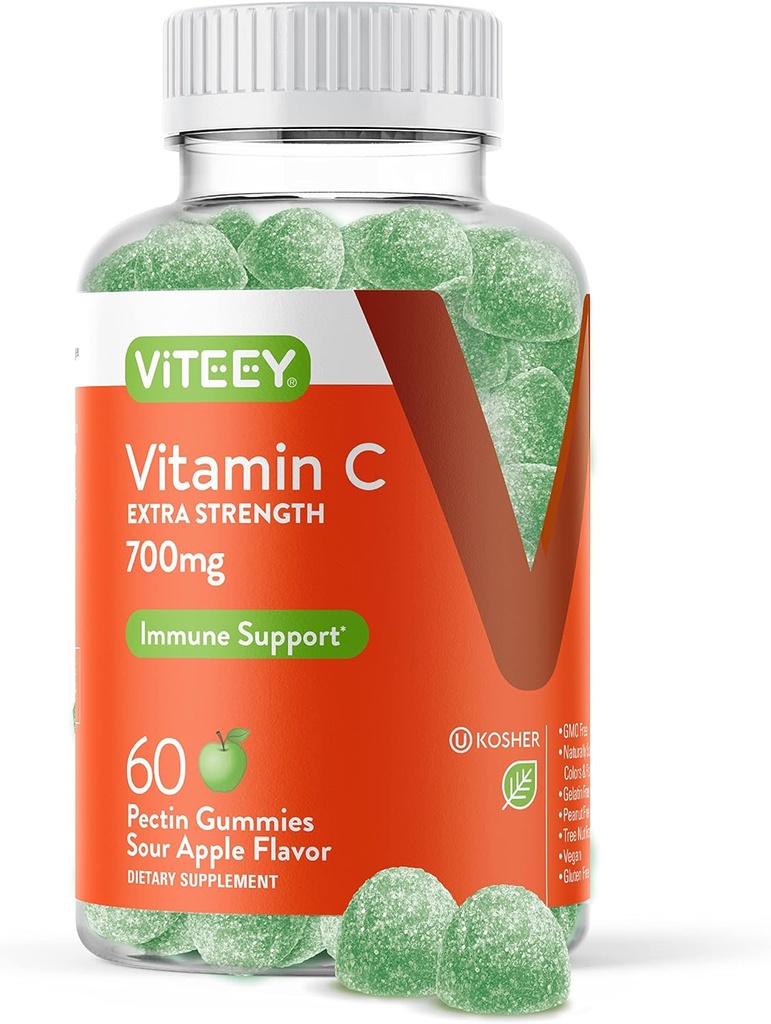 Venitey Chewable Vitamin C Gummies untuk Dewasa - 700mg Kekuatan Tambahan Suplemen - Vegan, Gluten Bebas - 60 Cacah