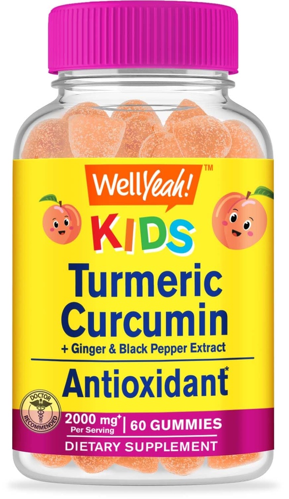WellYeah Curcumin Turmeric dengan Gummies Pepper Hitam untuk Anak-Anak - Dukungan Imunitas Alam, Gabungan dan Kesehatan Otot, Kesehatan Digetical, dan Fungsi Otak - Bukan-GMO, Vegan, Gluten- Bebas - 60 Count