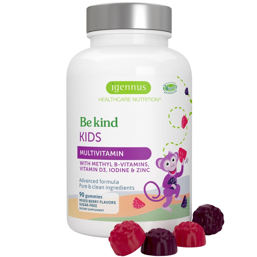 Igennus Metholated Kid Multivitamin Gummy, MTHFR, No Artificial Sweeteners or Flavors, Sugar Free, Age 4 +, 90 Natural Berry Flavor Gummies, Non-GMO, Halal, Clean Label