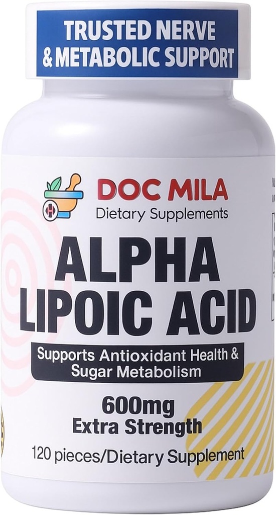 Alpha Lipoic Acid 600mg 120 Caplets - Nerve Sciatica Periferal Neuropathy Support - Gluten Free, Vegan & Non- GMO untuk Dewasa