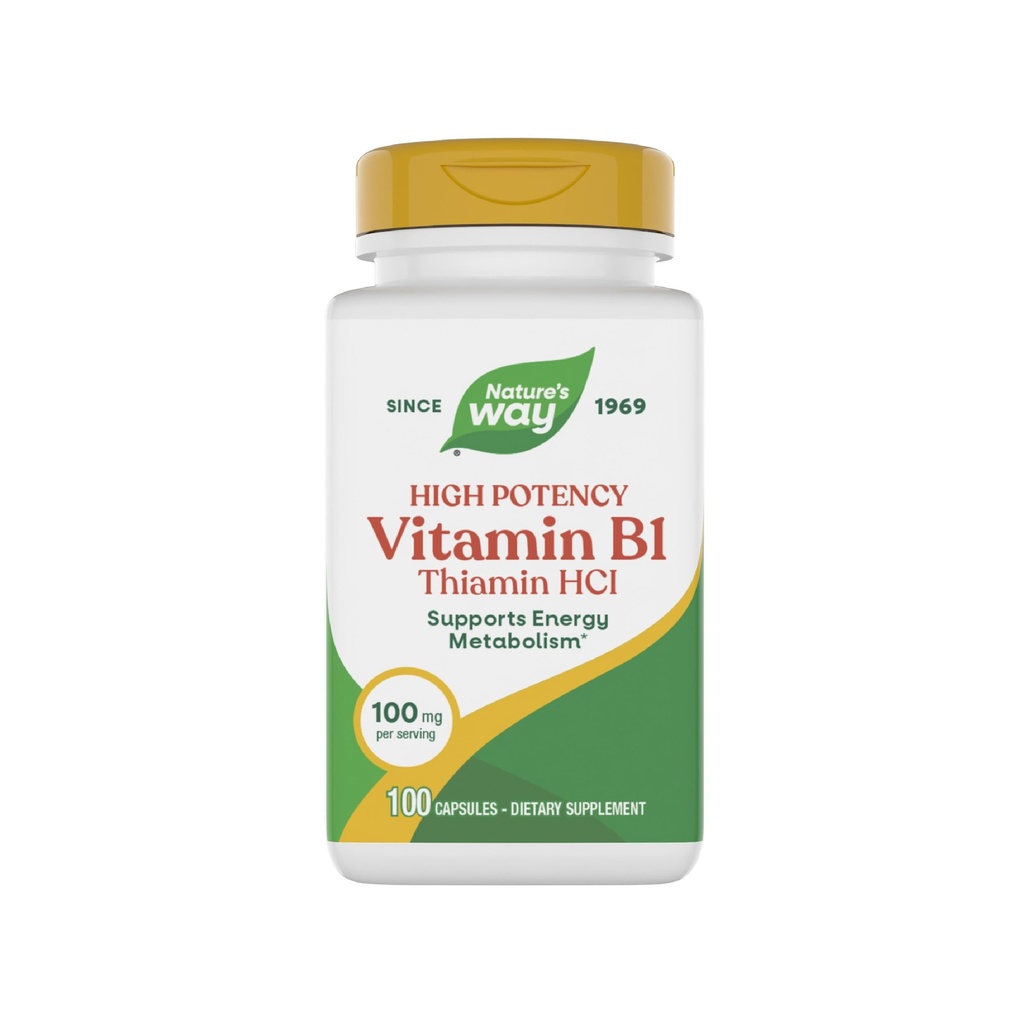 Nature 's Way Vitamin B1, High Potency, 100 mg Thiamin per Serving, Thiamin HCl, Support Energy Metabolisme *, Gluten Free, 100 Kapsul (Packaging May Vary)