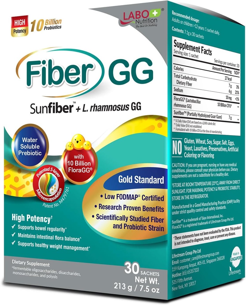 FiberGG Nutrition LABO, Lacrosnillus Rhamnosus 10 Milyar CFU Aktif Progories dan 7g Sunfiber Prebiotic Supplemen, Dukung Intestinal Healune Health, Gluten Free, 30 Sachets