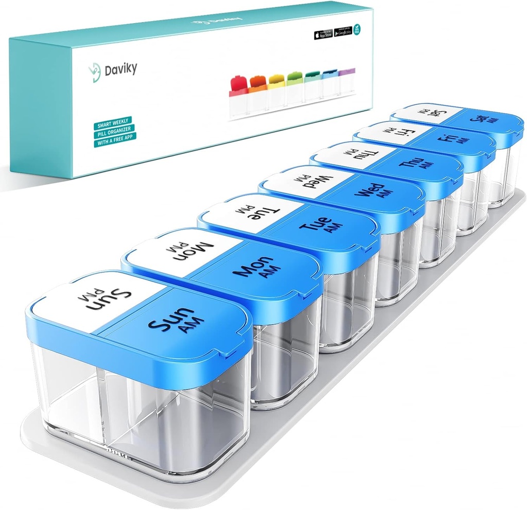 Daviky Large Pill Organizer 2 Kali sehari - XL Pill Box 7 Day, Big Vitamin Holder with 7 Detacsiable AM / PM Comment, Big Suplemen Container for Weekly or Daily Use (Blue)