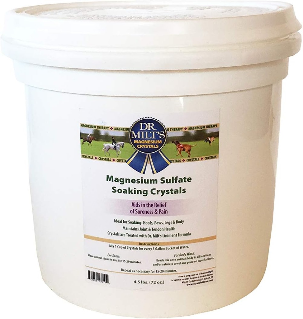 Epsom Salt Magnesium Sulfate Crystals Dr. Milt 's Horse Epsom Sulfate Infused with Arnica: hoof and Body rendam for Relief and Recovery. 1-4.5lbs Bucket