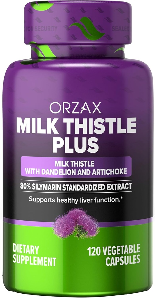 OrZAX Milk Thistle 250 mg - Liver Cleanse Detox & Repair Suplement - Herbal Suite - 80% Silymarin Standardisasi, Danddelion Root & Artichoke Extract - Vegan & Non-GMO - 120 Capsules - Tambahan Hari