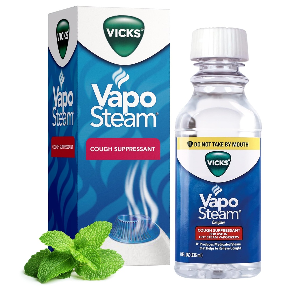 Vicks VapoSteam Obat Liquid dengan Camphor, Cough Supresan, Membantu Batuk Relieve, untuk Penggunaan di Vicks Vapinders dan Humidifiers, 8 Oz