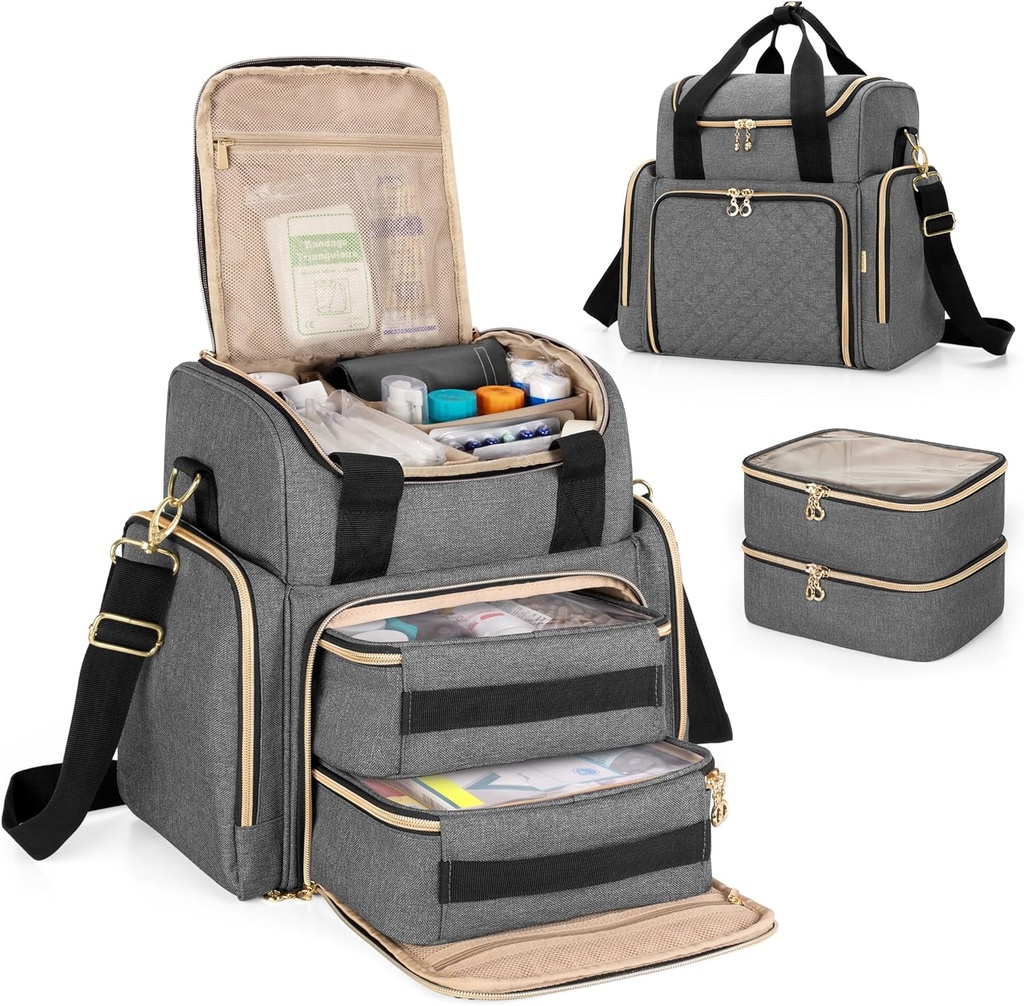 LUXJA Large Medicine Bag with 2 Removable Cases, Medicine Storage bag with Multiple Storage Section (Cocok untuk Perjalanan atau Rumah), Gray