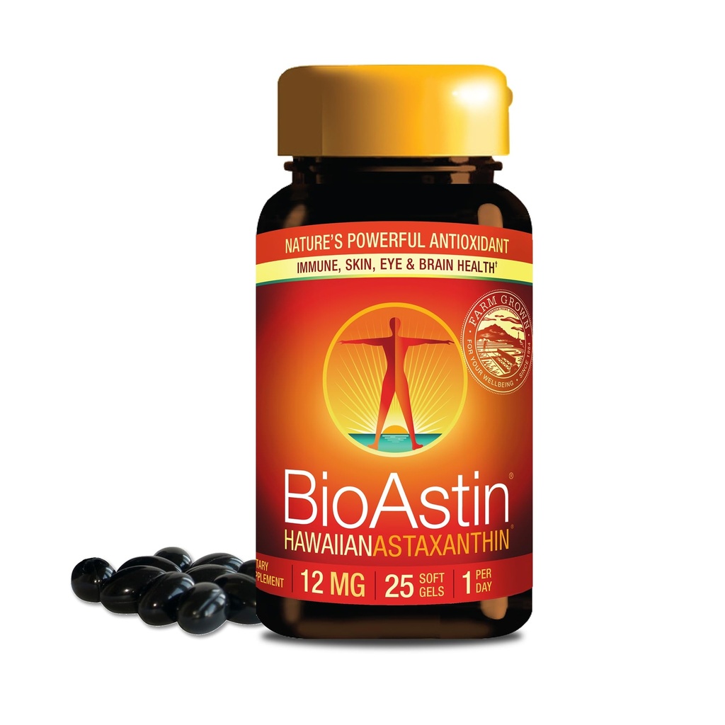 Nutrex Hawaii BioAstin Hawaiian Astaxanthin - 12mg, 25 Softgels - Farm-Direct Premiium Antioksidant Support untuk mendukung Eye, Skin, Gabungan & Imune System Health - NON-GMO & Glten- Free