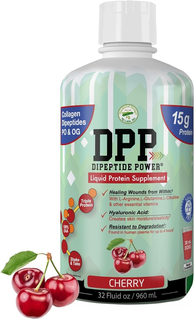 DPP Dipeptide Power, Wound- Healing, 30X More Collagen Dipeptides Than Powder, Liquid Protein Sugar- Free, Sugarorts Heally Tissue Refips, Foot Ulcers, Cosmetic Surgery (Cherry, 32 Fl Oz)