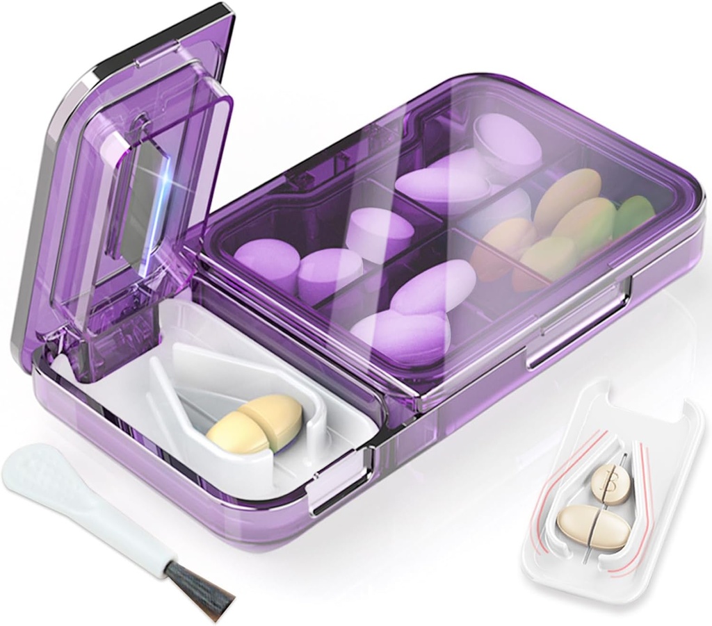 Pil Pill Cutter Splitter untuk Pil Kecil atau Kecil. 2-in- 1 Kotak Pill Travel & Pill Splits - Large Kapasitas 4 Kompartemen Pill Organizer - Dipisahkan Nonslip V- Shoped Pad. Wrap- Sekitar Blade Guard (Purple)