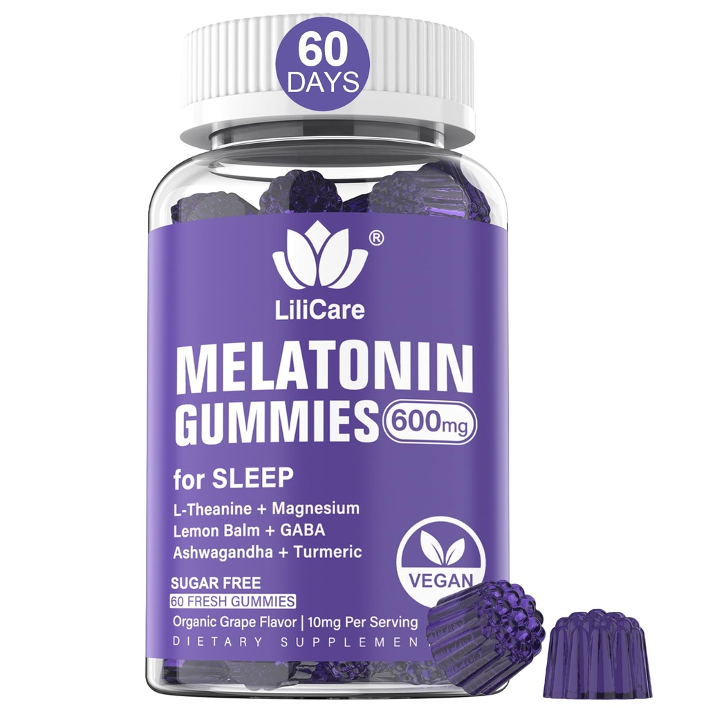 Melonasin Gummies 10mg 20mg untuk Dewasa, Ekstra Kekuatan dengan L- Theanine, Ashwagandha, Magnesium, Turmeric, GABA, Lemon Balm dan Chamomile untuk Support Kesehatan Circadian Rhythm, Vegan Grape Flavor