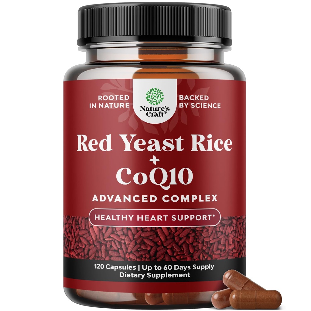 Red Yeast Rice dengan Suplemen CoQ10 - Hati Sehat & Sehat & Sehat Cholesterol Levels Formula untuk Pria & Women - Ekstra Kekuatan Capsule dengan Red Yeast Rice 1200 mg Capsules dengan CoQ10120 Count