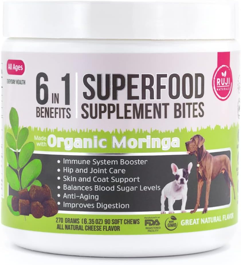 6 dalam 1 Superfood Dog Suplemen dengan Organik Moringa 124; Treats for Immune System and Overall Health Health 124; Pets All Natural Multivitamin - 90 Chews