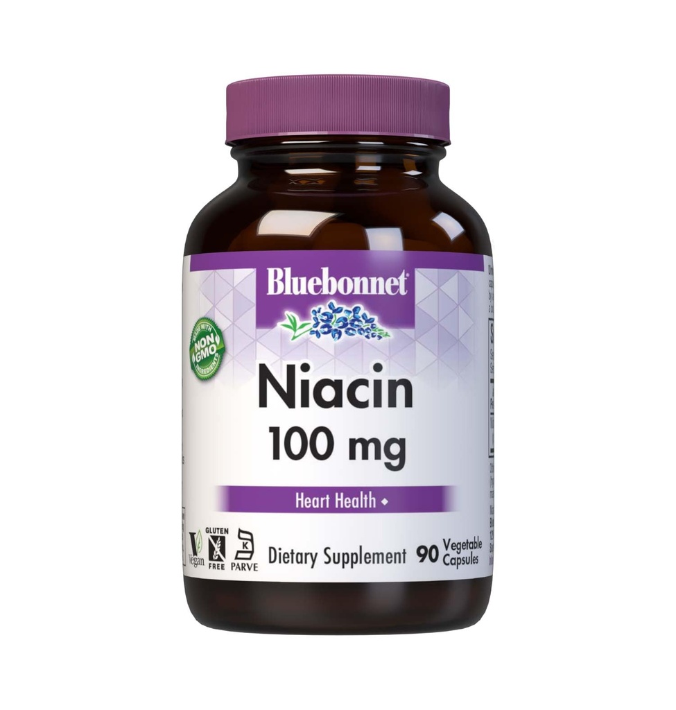 Bluebonnet Niasin 100mg Vitamin B3 Nicotcical Acid - Dukungan Kesehatan Jantung bagi Perempuan & Pria * - Non-GMO, Vegan, Kosher, Gluten- Bebas, Soy- Free, Dairy- Free Flush Niacin Sules Suplemen - 90 Vegetable