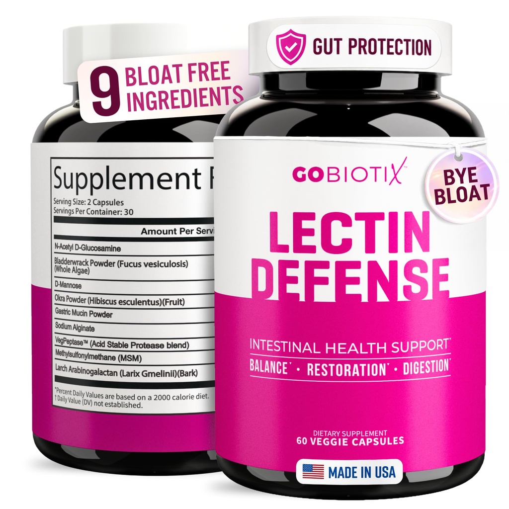 GOBIOTIX Lectin Defense - Lectin Blocker Suplement for Leaky Gut with MSM and Digetical Enzymes - Aids in Intestinal Health for Women - Non-GMO + Gluten Free - 60 Capsules (1)