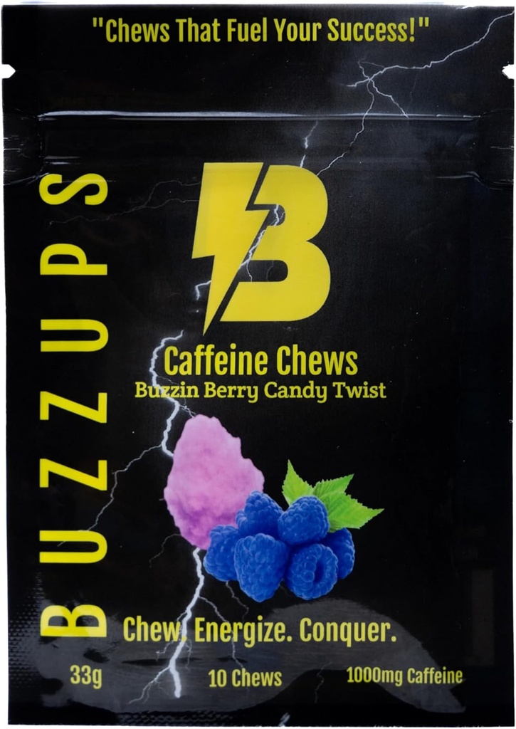 BuzzUps Caffeine Gummies - 100mg Caffeine per Gummy, Buzzin Berry Flavor, Energy Boost for Sports, Gaming, Running, Cycling, Focus, Endurance Suplemen (10 Gummies, 1 Pack)