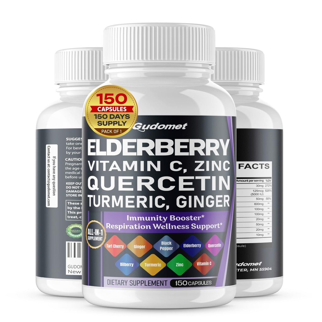 Elderberry Quercetin Bilberry Turmeric Tart Cherry Ginger Vitamin C D3 Zinc Black Pepper -150 Capsules- Dibuat di USA