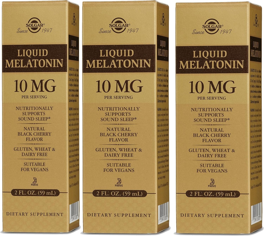 Solgar Liquid Melatonin 10 mg, Natural Black Cherry Flavor - 2 fl oz, Paket 3 - Great for Jet Lag - Vegan, Gluten Free - 177 Total pelayan
