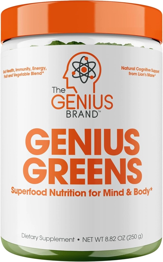 Genius Brand Genius Hijau - hijau bubuk untuk Healthy Mind & Imunity Dukungan - Organic Vegetables, Blueberry & Lion 's Mane - Minuman Konvenient Mix - Pleasant Rasa - 20 Hamba