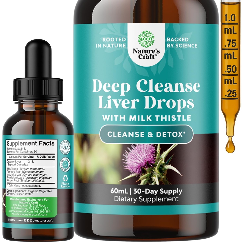 Deep Liver Cleanse, Detox & Repair with Milk Thistle Liquid Drops - Liquid Detox Liquid Extract with Dandelion Leaf, Ginger & Turmeric Curcumin for Immunity & Daily Cleanse - 2Fl OZ