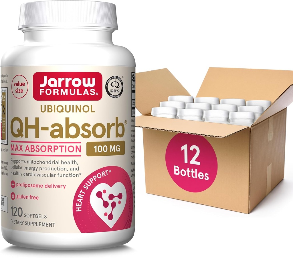 Jarrow Formulas QH-Absorb, 100 mg, Ubiquinol Dietary Suplemen untuk Fungsi Kardiovaskular Sehat, 120 Softgeel, 12 Packs