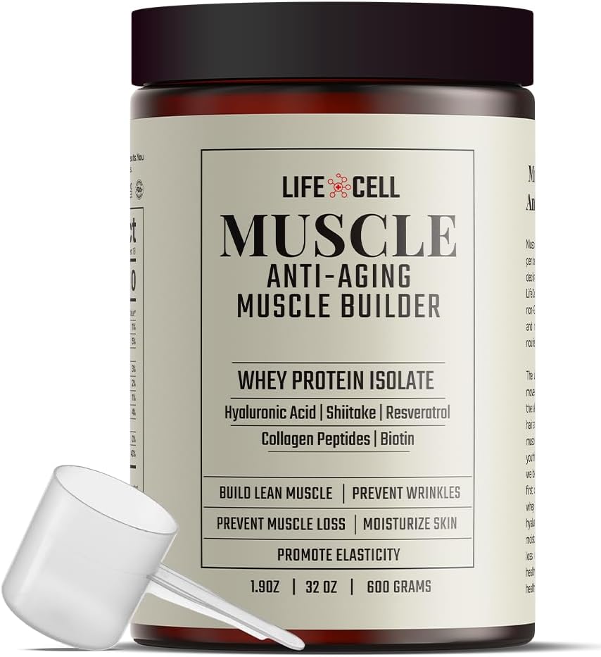 LifeCell Whey Protein - Anti- Aging Muscle Builder dengan Shiitake Mushroom, Collagen & Hyaluronic Acid - Tanpa rasa, tanpa gula Ditambahkan, Bebas, Bebas Glutten- Bebas, 600g (18 Hamba)