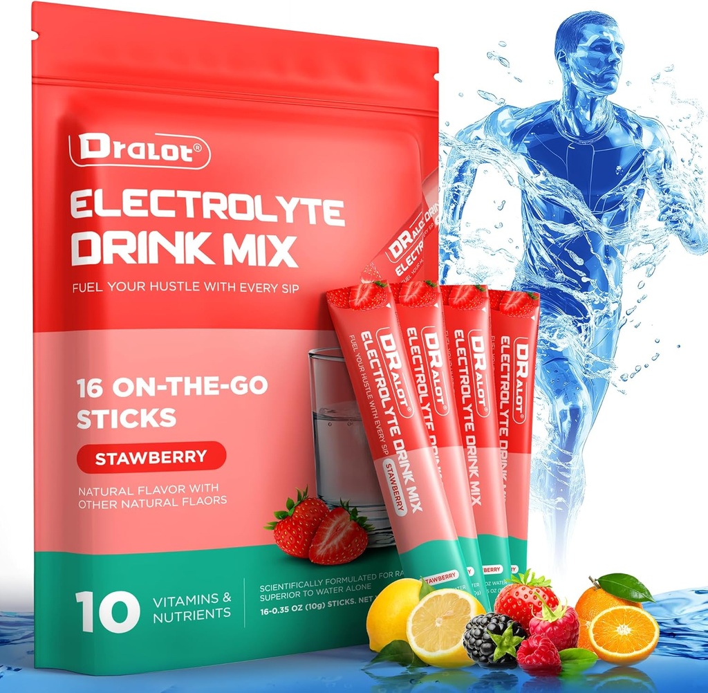 Sugar Free Electrolytes Powder with Natural Flavors, 3X Rapid Hidration Packet with 10 Electrolite & Vitamin, Liquid Daily IV, Non-GMO, Gluten- Free, Keto, Vegan, 16 Sticks, Strawberry