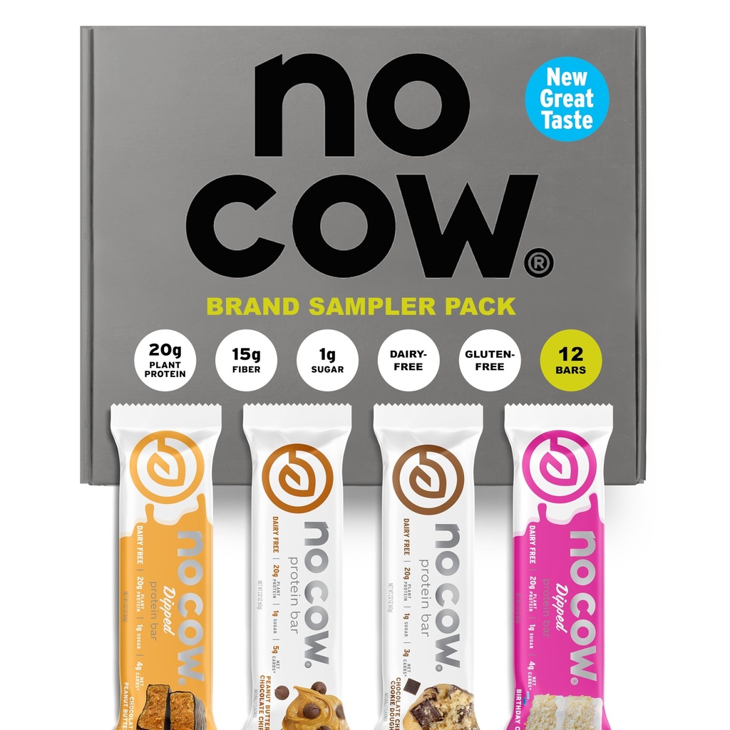 Tidak ada Cow Vegan Protein Bars, Paket Sampler Brand Upgraded; 20g Plant Based Protein, Gluten Free, Dairy Free, Soy Free, Keto Friendly, Low Sugar, High Fiber Snack Bars 124; Paket 12