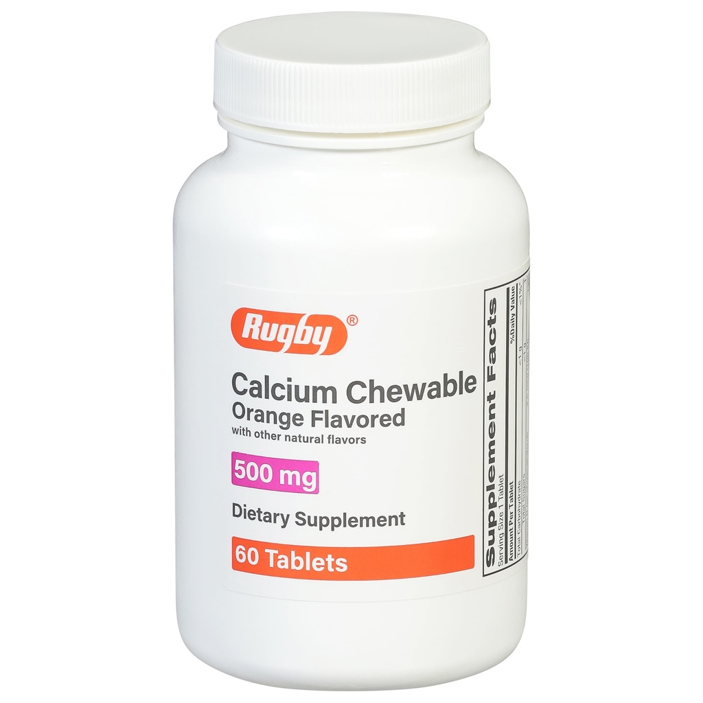Rugby 500mg Calcium Chewable Tablet - Dietary Suplement - Orange Flavored - 60 Count (1 Pack)