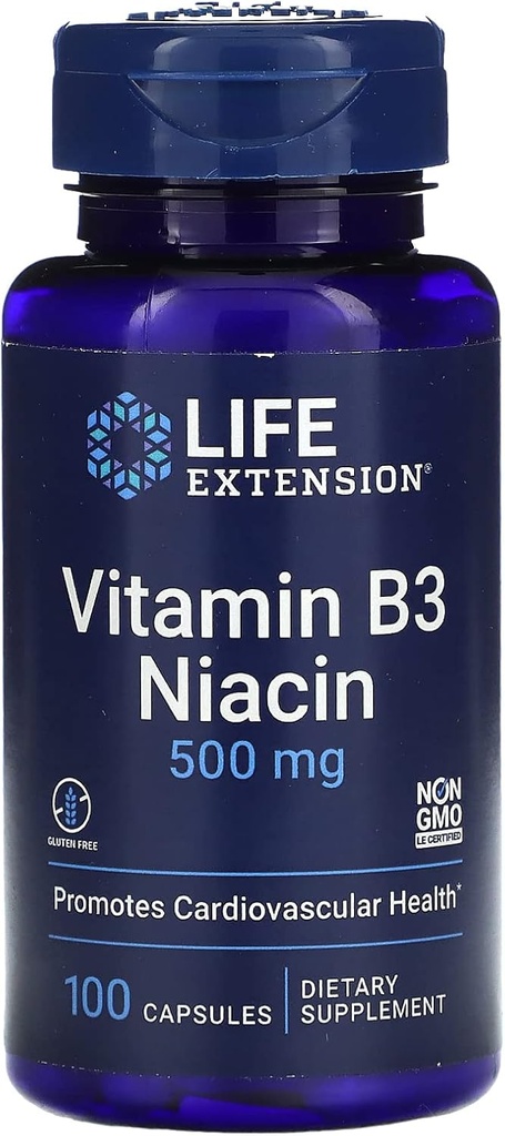 Ekstensi Hidup Vitamin B3 Niacin, 500 Miligram, 100 Kapsul