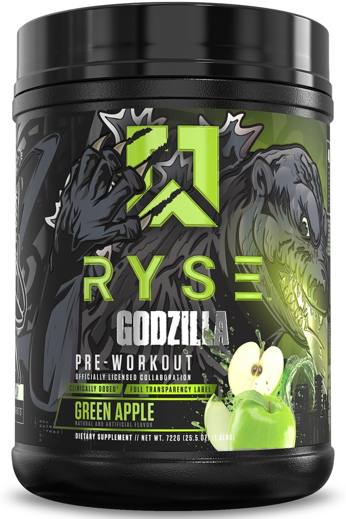 RYSE Godzilla X Noel Deyzel Pre Workout Powder - Green Apple - 400mg Caffeine, High Stim Pre- Workout for Men & Women with Citruline & Beta Alanine - Energy, Pompa & Focus