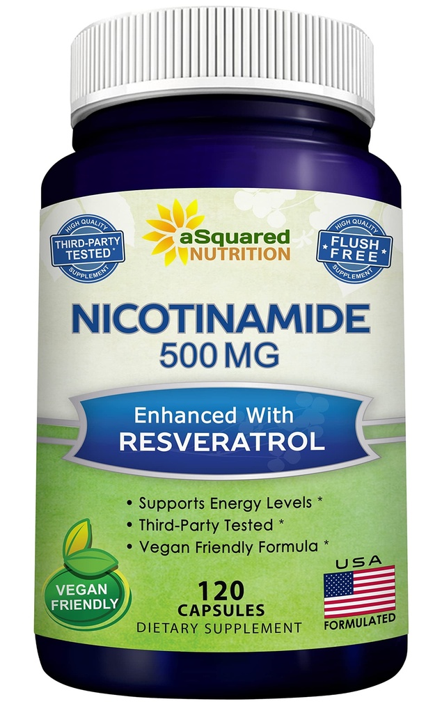 ASquared Nutrition Nicotinamide dengan Resveratrol - 120 Veggie Capsules - Vitamin B3 500mg (Niacinamide Flush Free) - Tambahan Pil untuk Mendukung NAD, Skin Cell Health & Energy