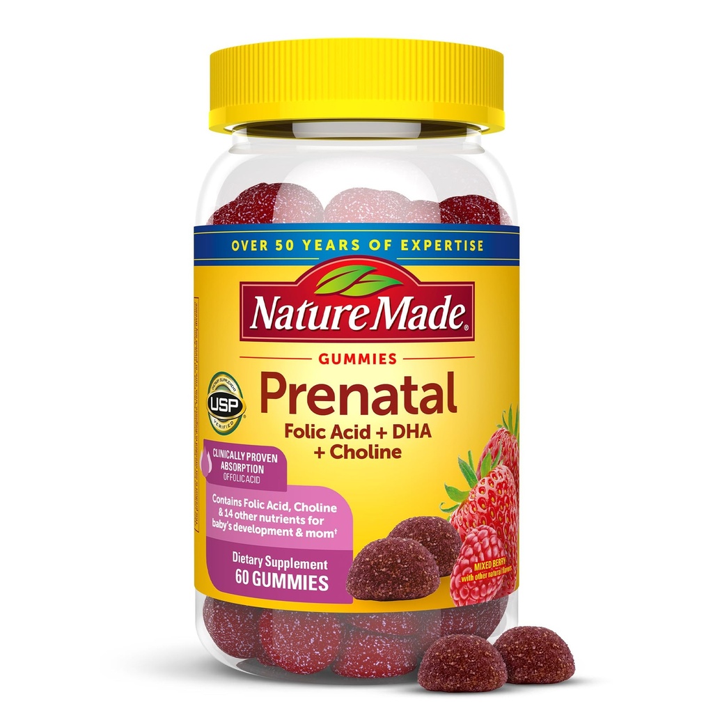 Nature Made Prenatal Gummies with DHA and Folic Acid, Prenatal Vitamin and Mineral Suplemen Harian Nutrisi, 60 Gummies, 30 Hari Suppply