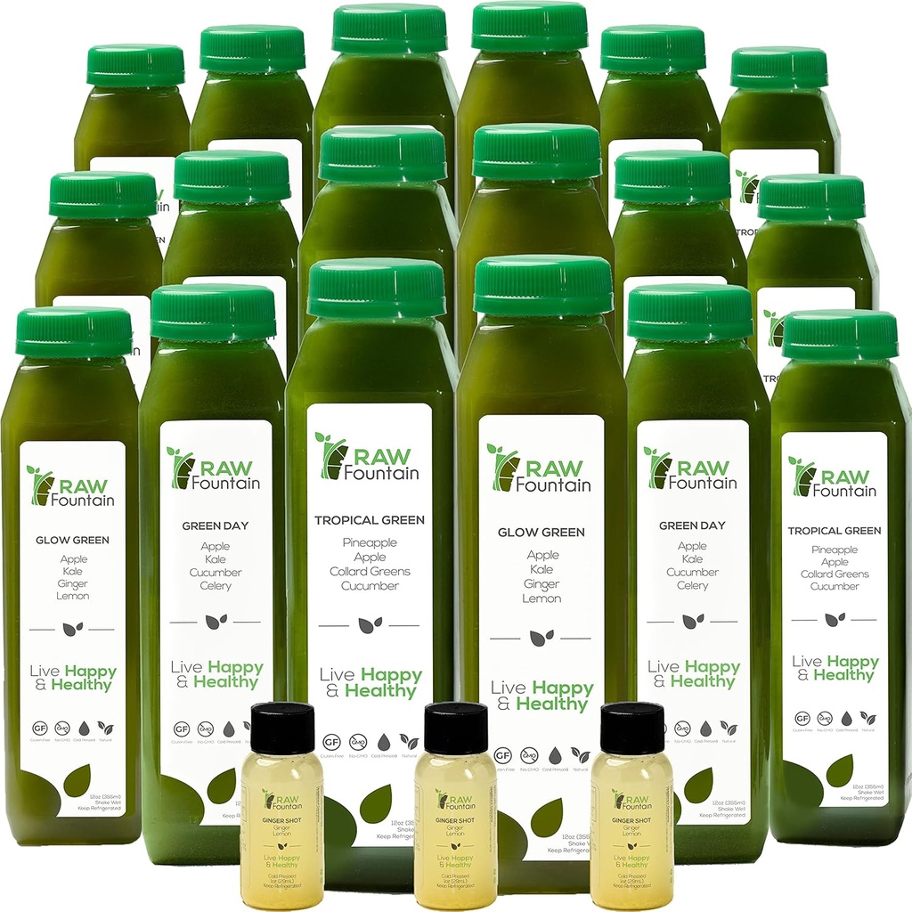 5 Hari Green Juice Cleanse oleh Raw Fountain, All Natural Raw, Vegan Detox, Cold Menekan Juice, 30 Botol 12oz, 3 Ginger Shots