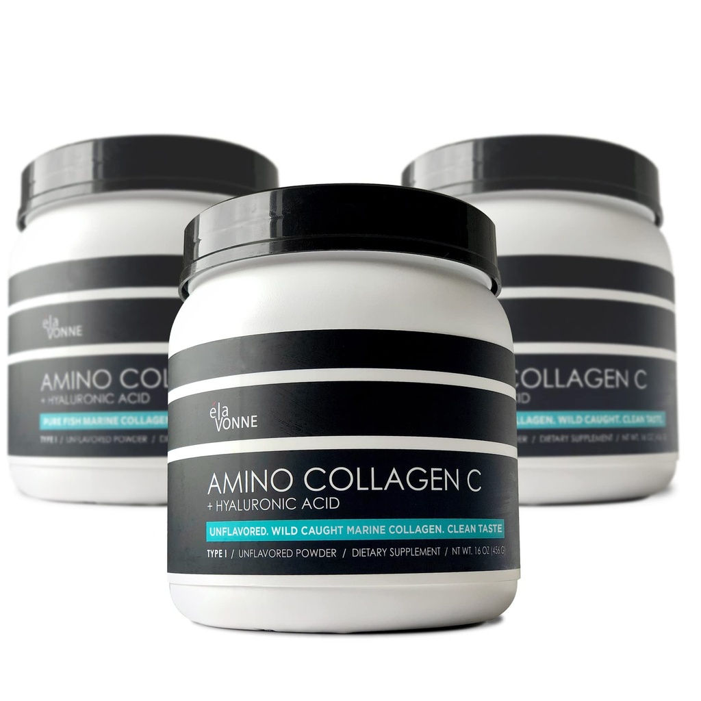 (3- Pack) Amino Collagen C - Collagen Powder (180 Scoops) - Marine Collagen Peptides + Hyaluronic Acid. No Sugar. Bukan Odor, bukan GMO, untuk rambut, kulit kulit, kuku, Joints, & Gut Health.
