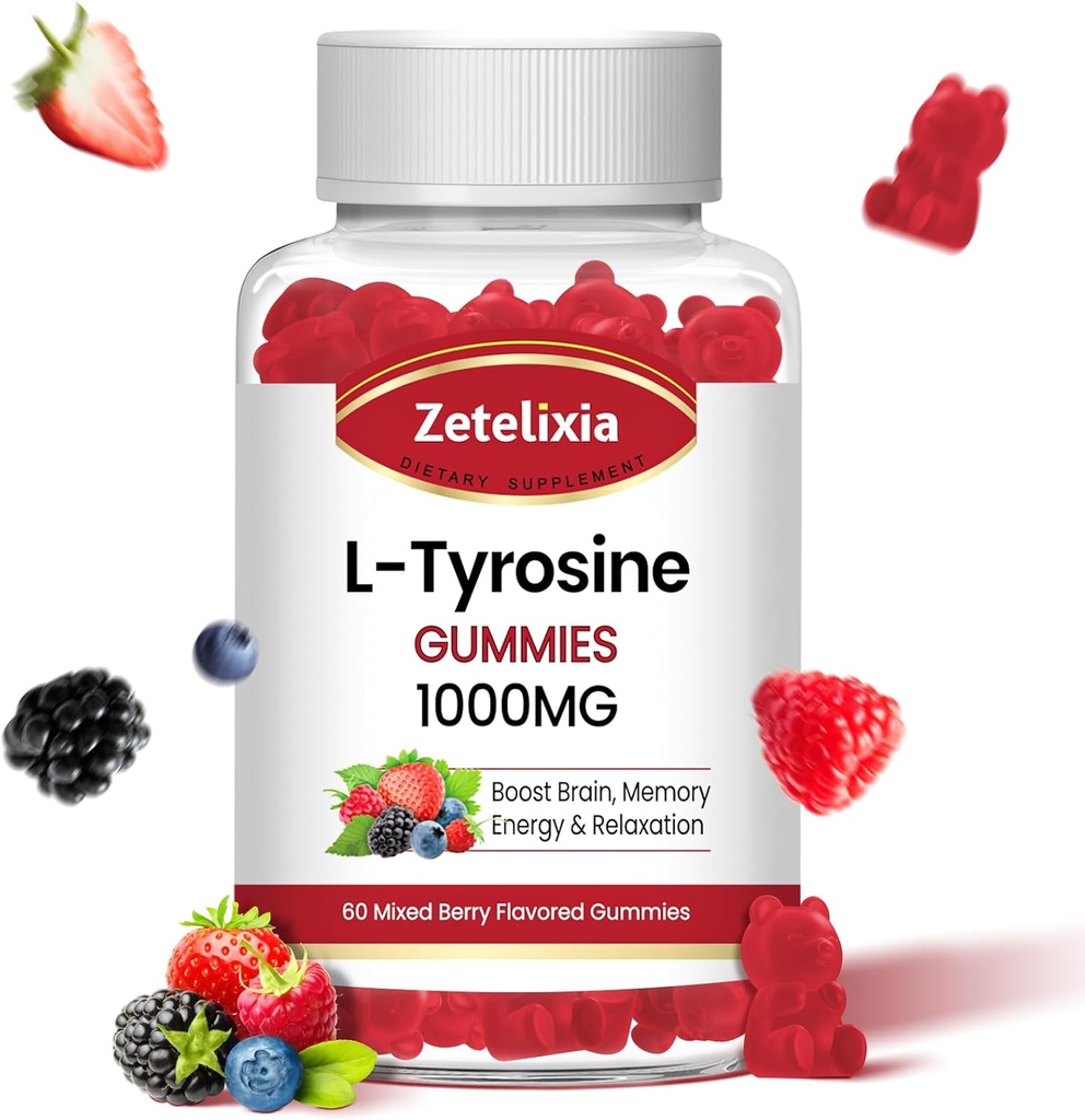 L Tyrosine Gummies 100mg, L- Theanine Suplemen Gummy 200mg, Sugar Free L-Tyrosine dengan suplemen Energi Vitamin B6 untuk Anak-anak & Vegan (60 Count)