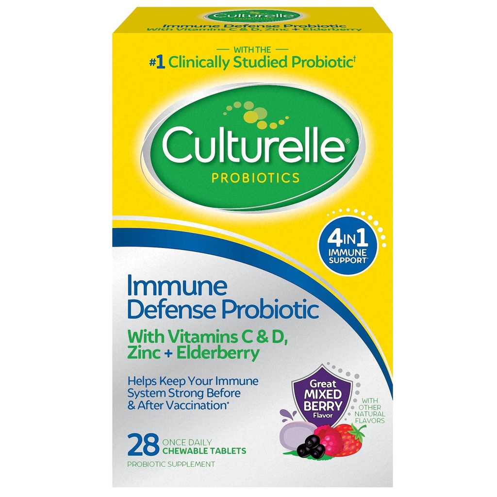 Culturelle Ammune Defense Probiotic for Women & Men - 28 Count, Mixed Berry Chewables dengan 4-in- 1 Imune Support. Probiotic Vitamin C, Vitamin D, dan Zinc Plus Elderberry