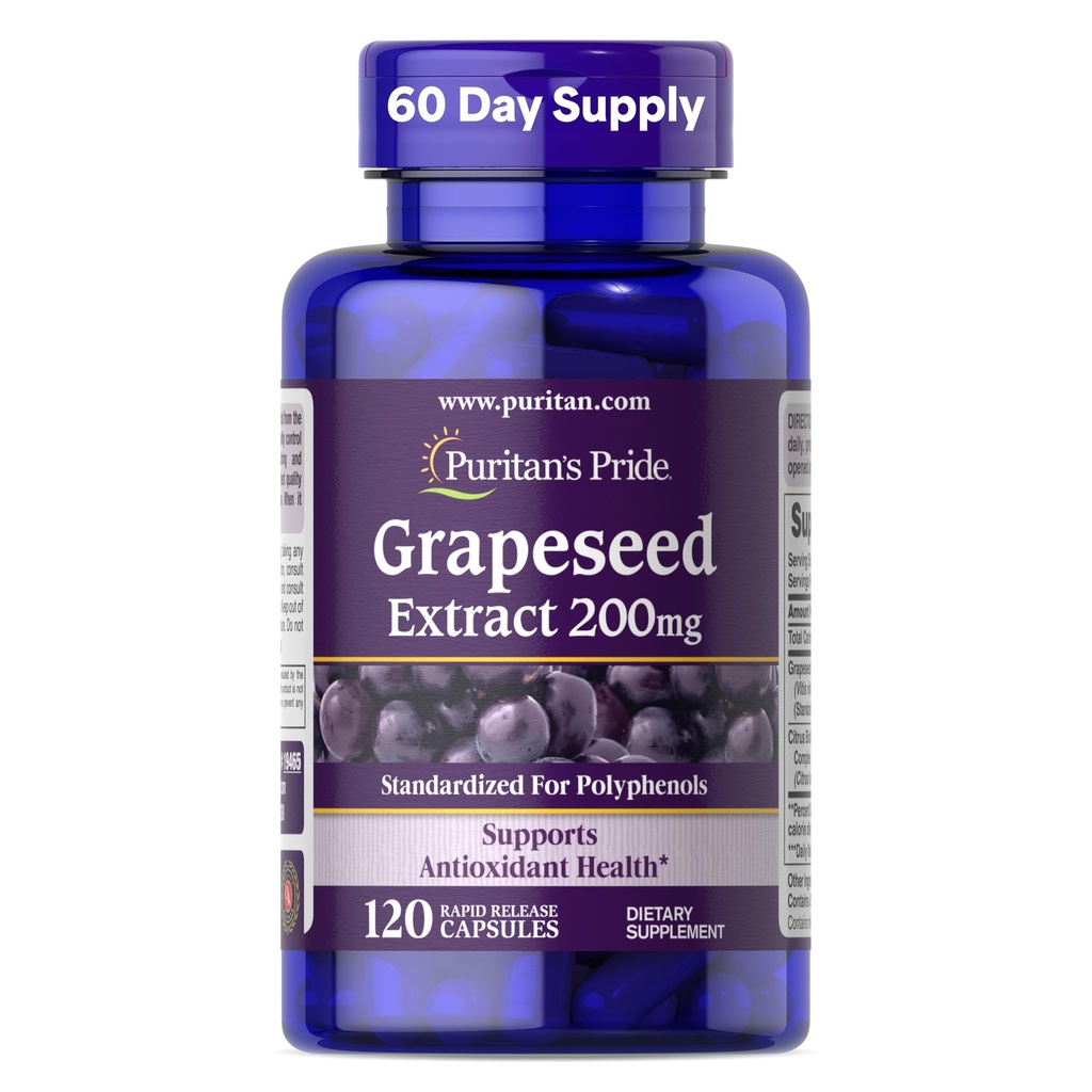 Puritan 's Pride Grapeseed Extract 200mg, Dietary Supplement for AntioksidanHeart Health Supply, 2 Bulan, 120 Rapid Rapid Runtules